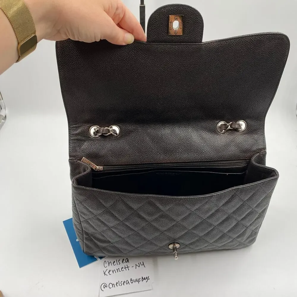 Chanel Jumbo Single Flap Caviar Bag Leather Brown Classic SHW Silver Hardware